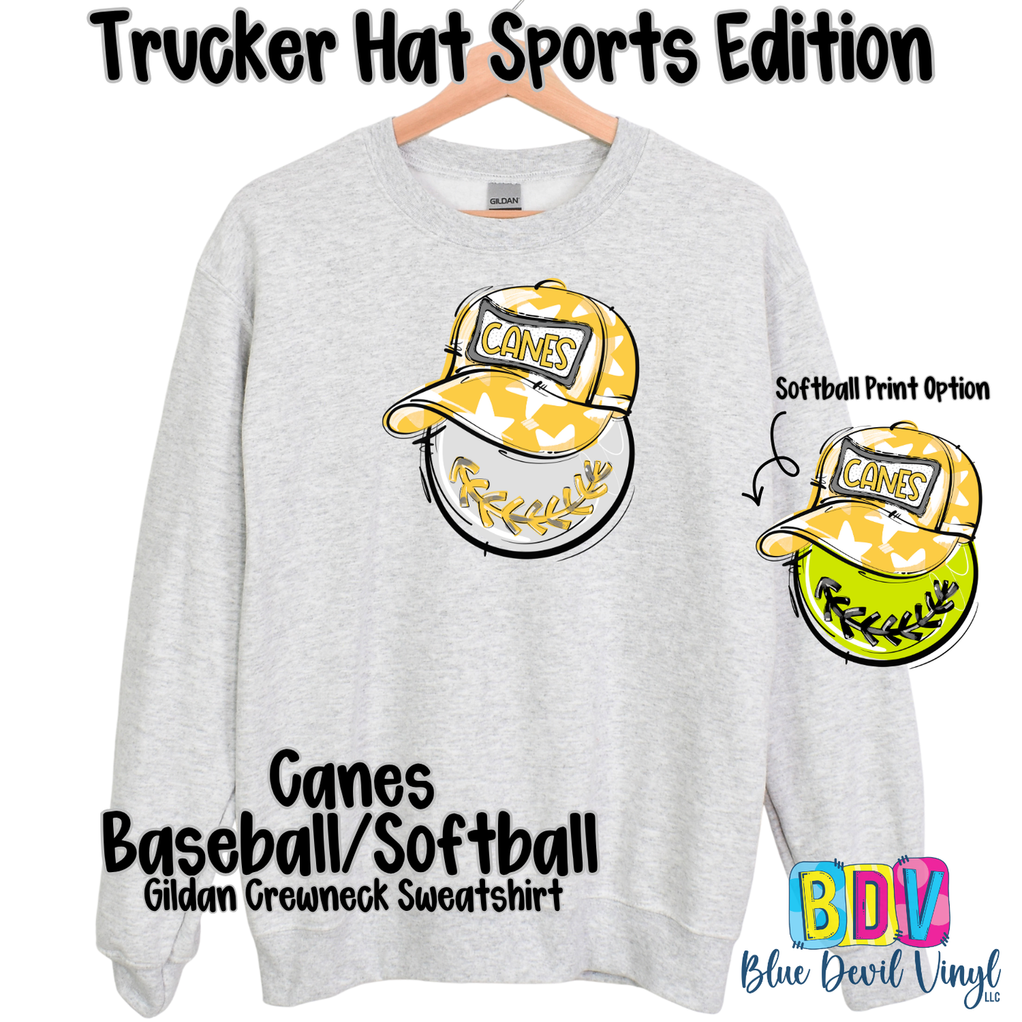 Sport Grey Gildan Crewneck with Canes Baseball Print on Front, also showing Softball option.