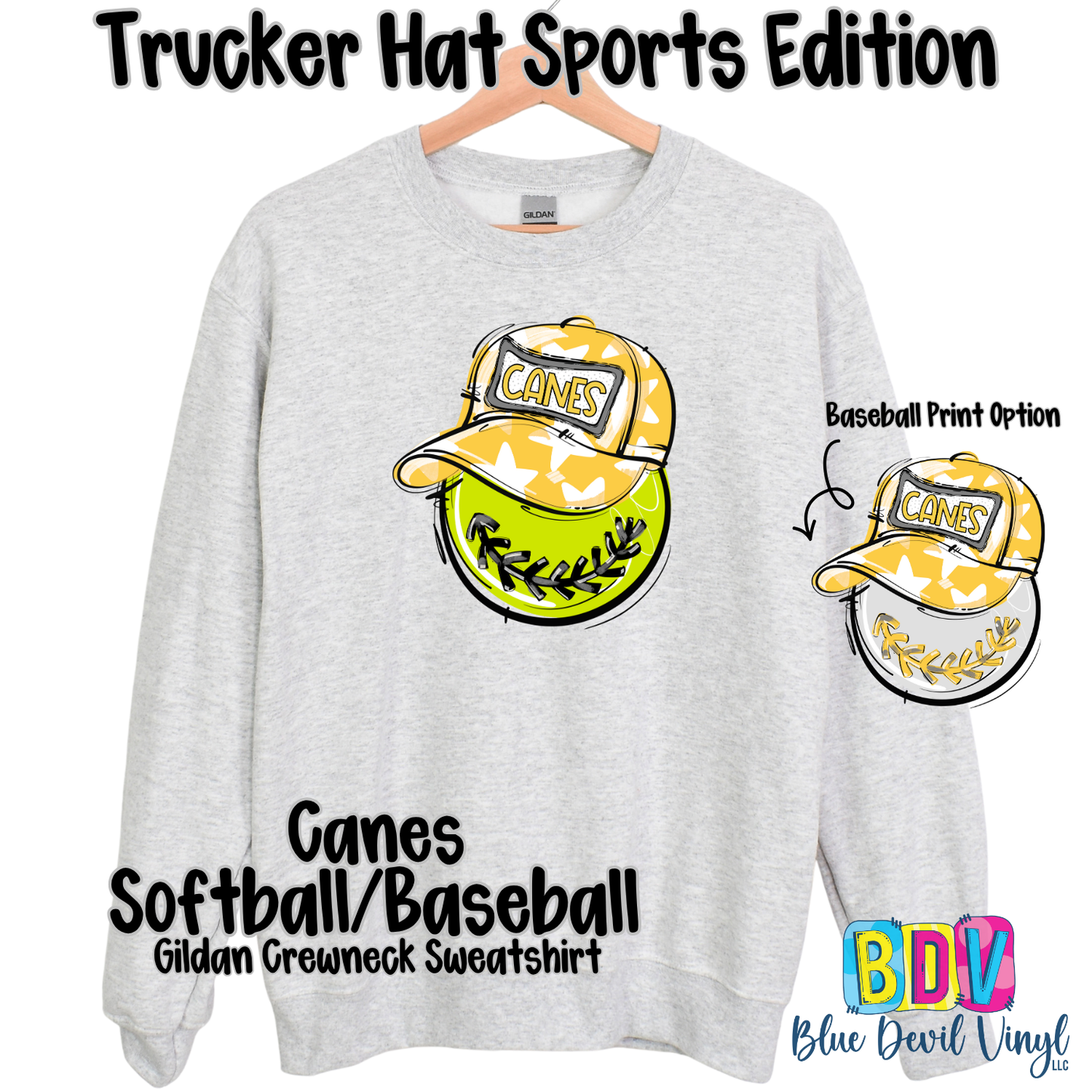 Sport Grey Gildan Crewneck with Canes Softball Print on Front, also showing Baseball option.