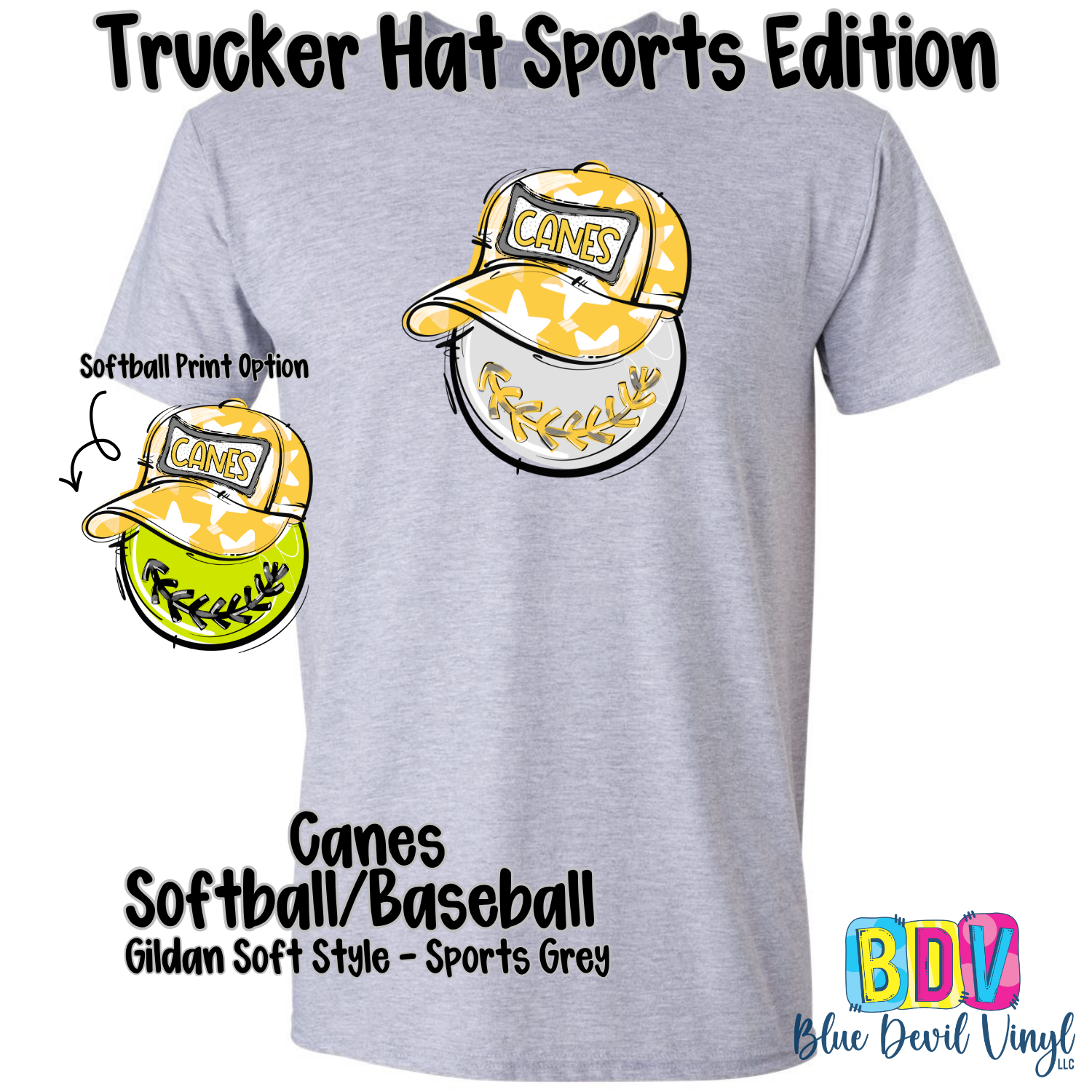 Sport Grey Gildan tee with Canes Baseball Print on Front, also showing Softball option.
