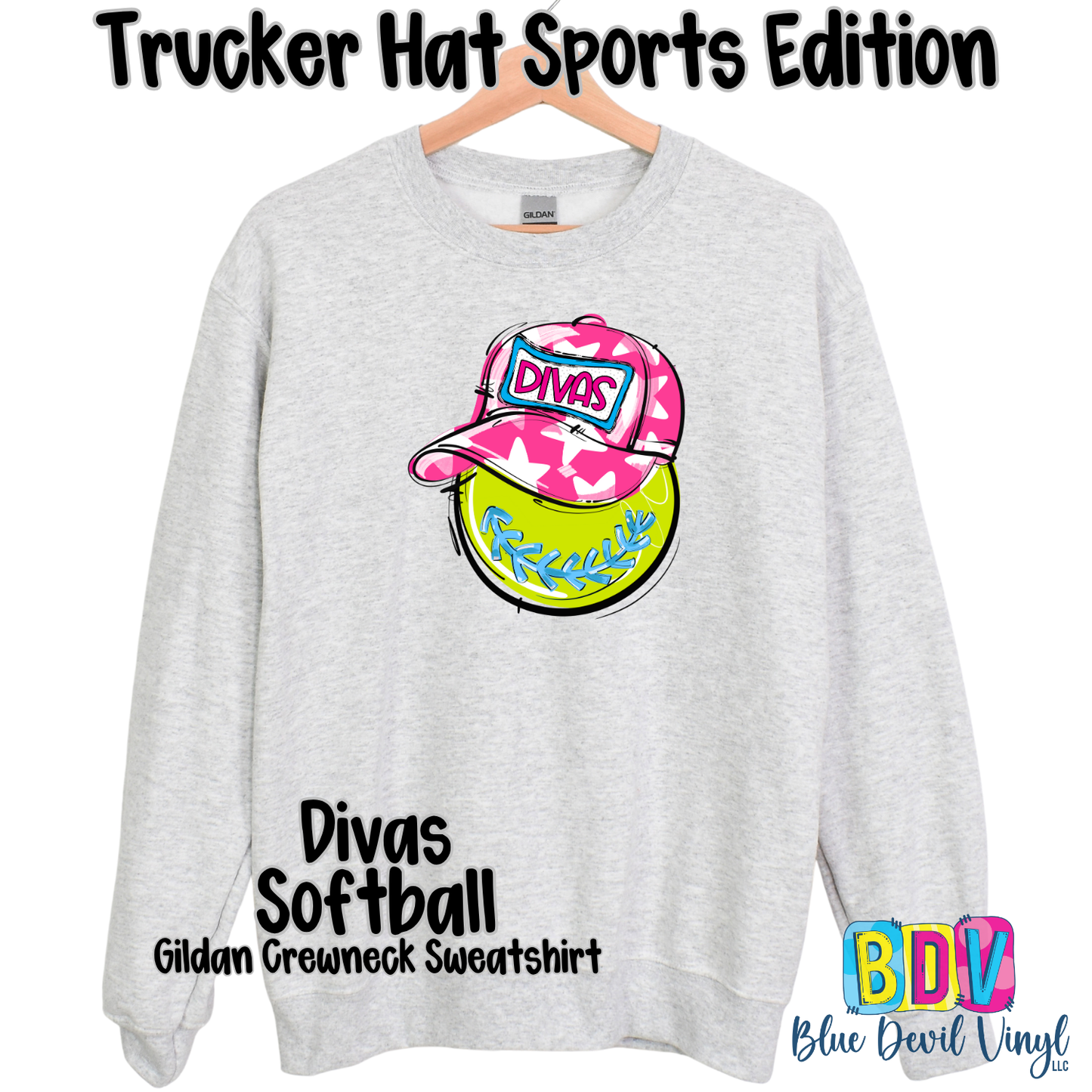 Sport Grey Gildan Crewneck with Divas Softball Print on Front.
