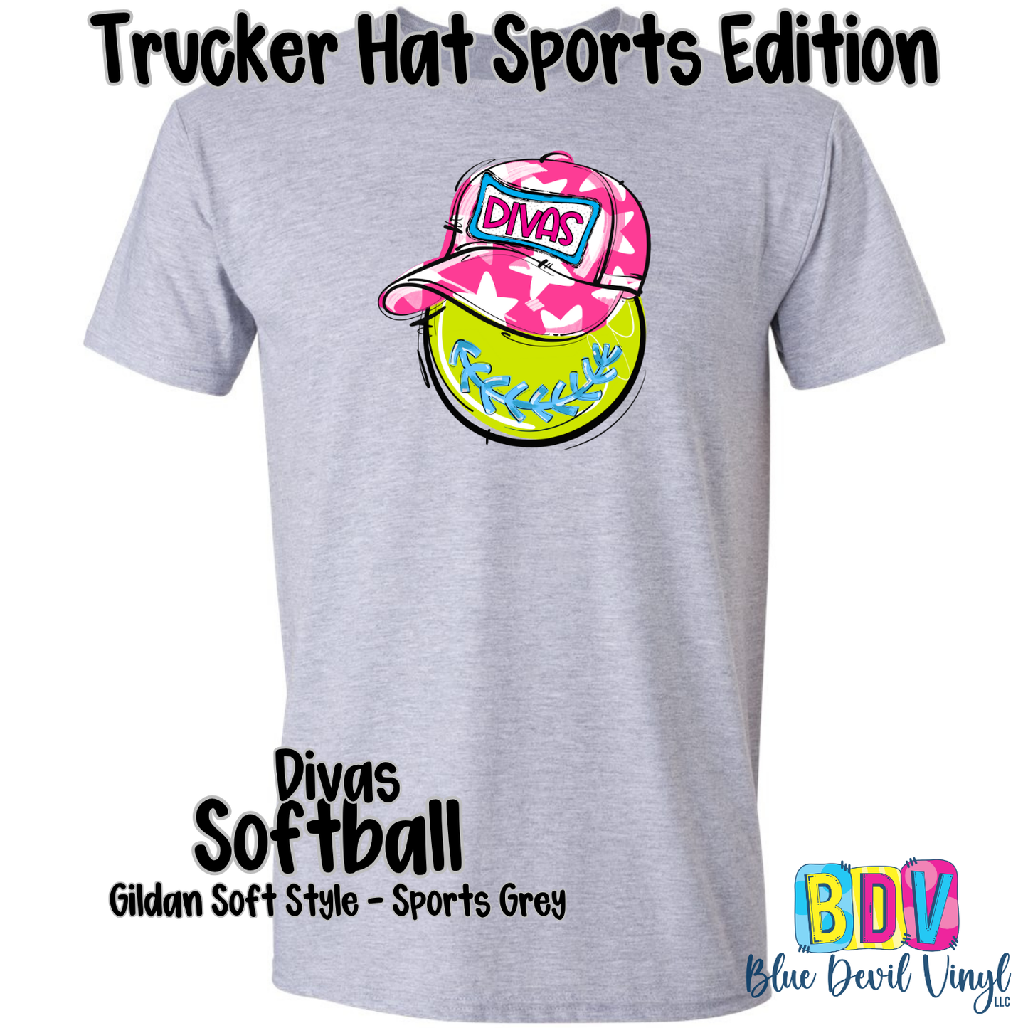 Sport Grey Gildan Tee with Divas Softball Print on Front.