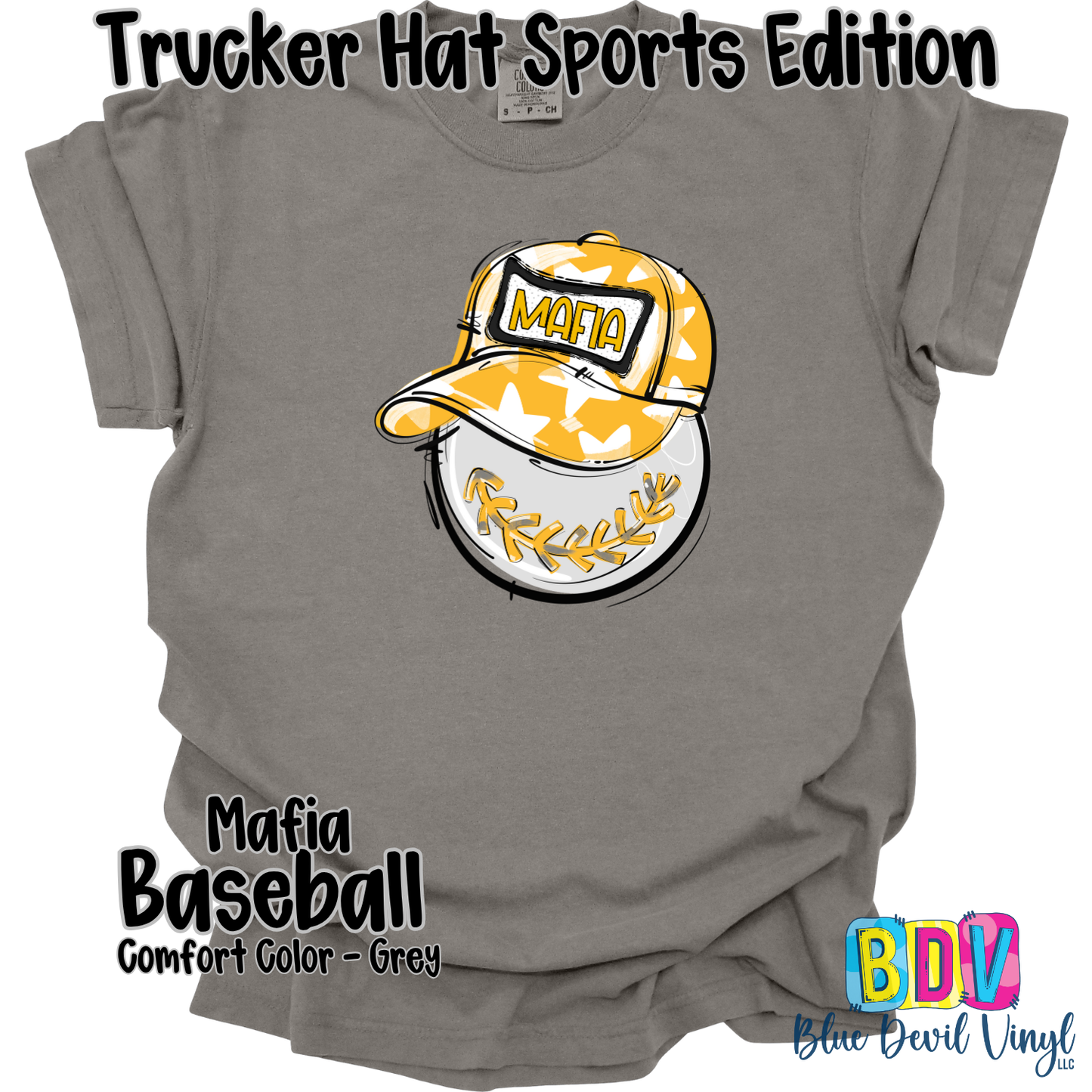 Grey Comfort Colors Tee with Mafia Baseball Print on Front. 