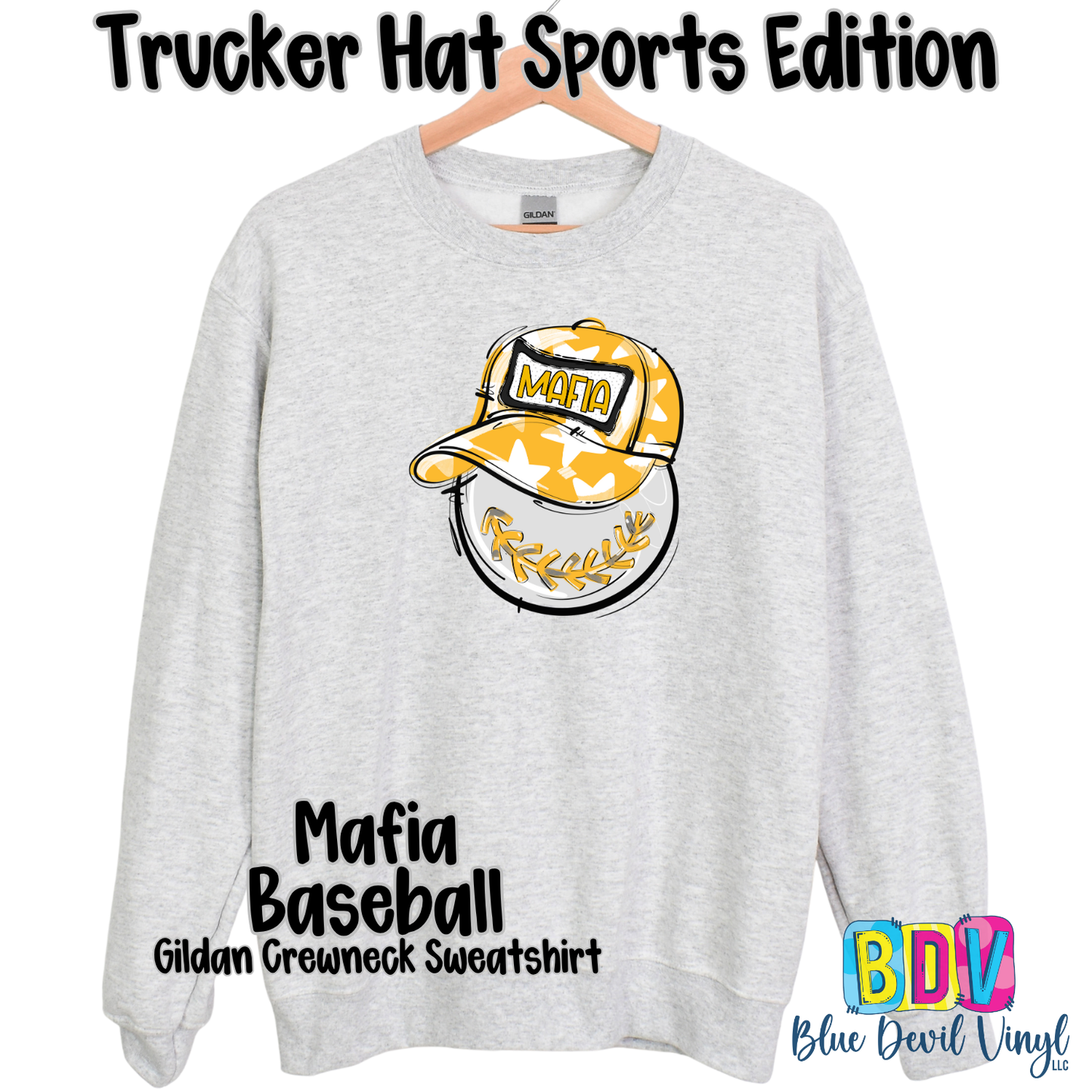 Sports Grey Gildan Crewneck with Mafia Baseball Print on Front. 
