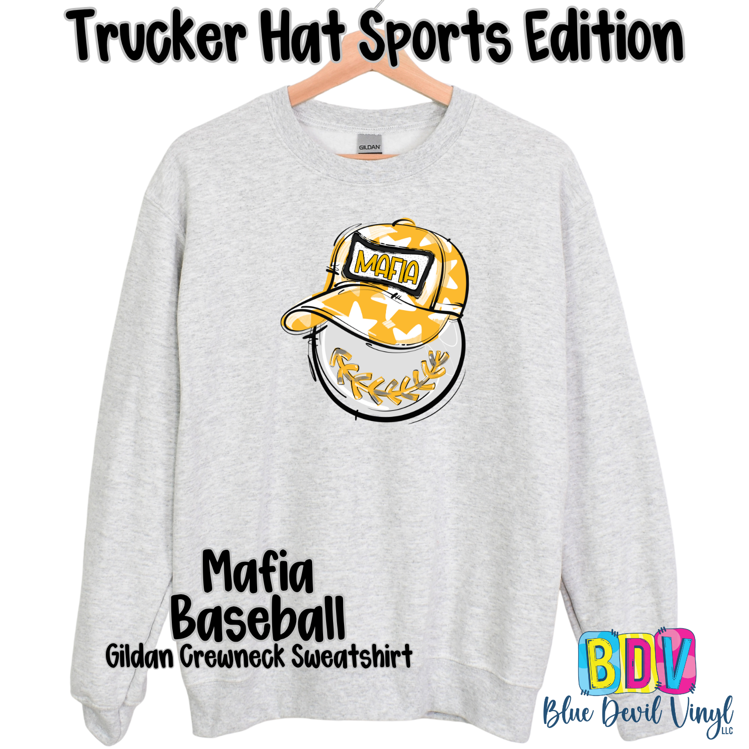 Sports Grey Gildan Crewneck with Mafia Baseball Print on Front. 