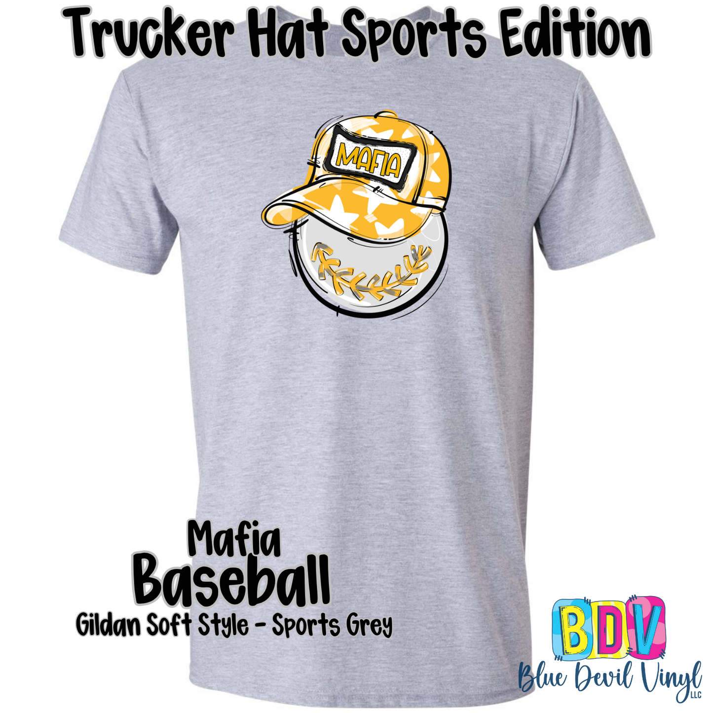 Sports Grey Gildan Tee with Mafia Baseball Print on Front. 