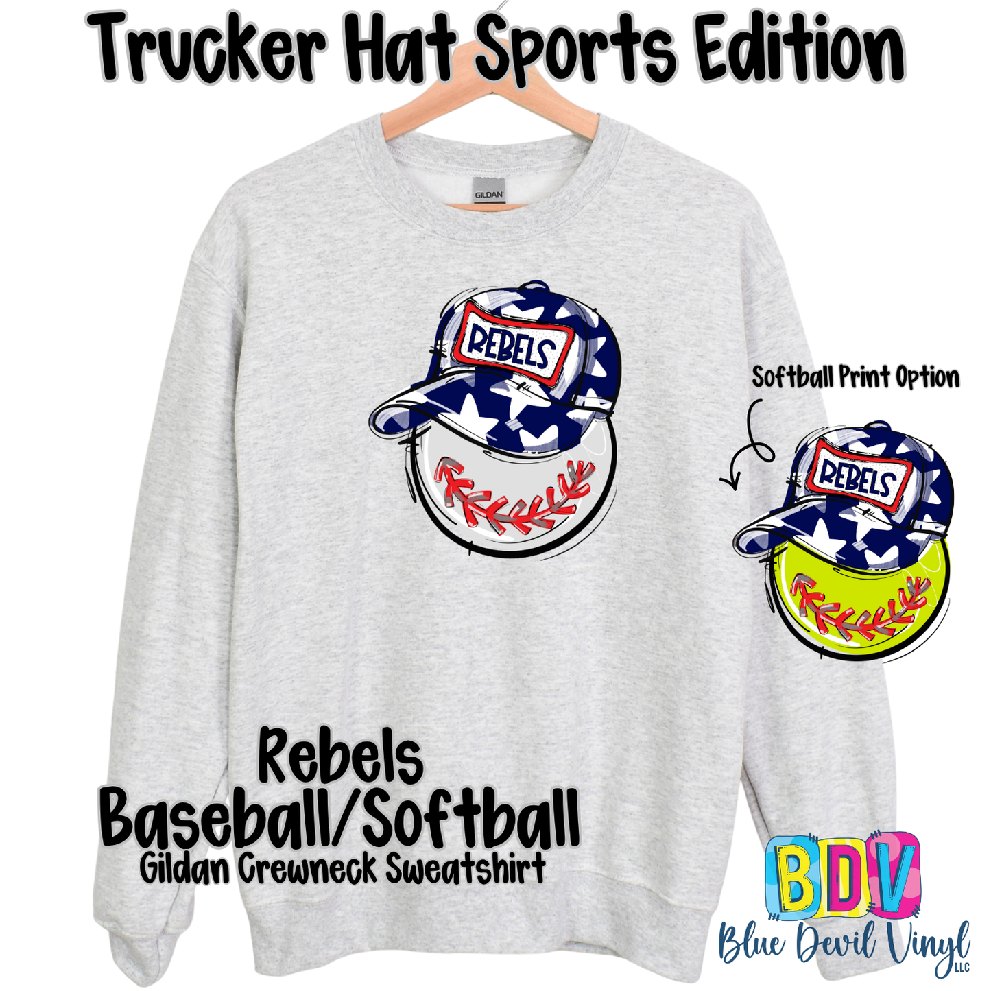 Sport Grey Gildan Crewneck with Rebels Baseball Print on Front, also showing Softball option.