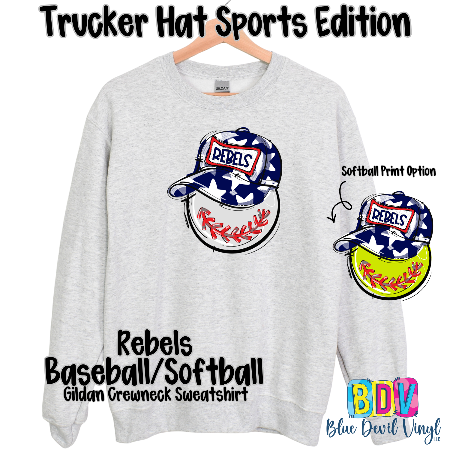Sport Grey Gildan Crewneck with Rebels Baseball Print on Front, also showing Softball option.