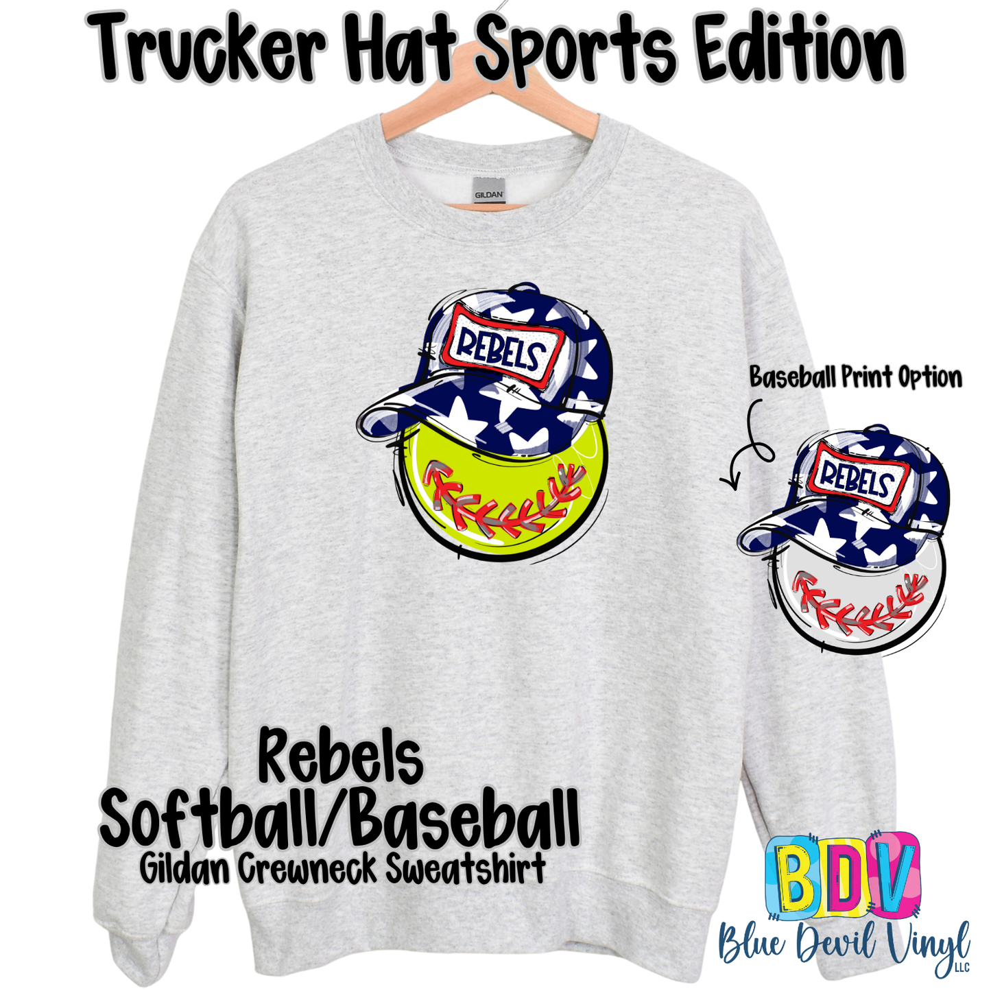 Sport Grey Gildan Crewneck with Rebels Softball Print on Front, also showing Basetball option.