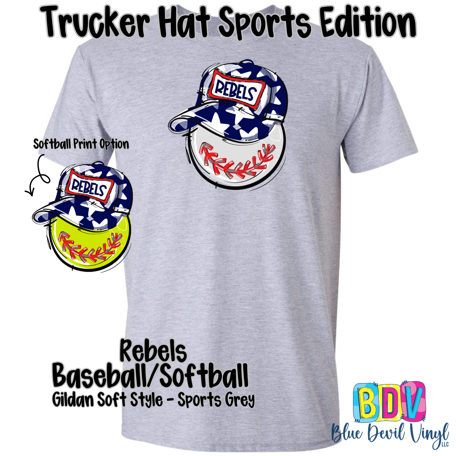 Sport Grey Gildan Tee with Rebels Baseball Print on Front, also showing Softball option.