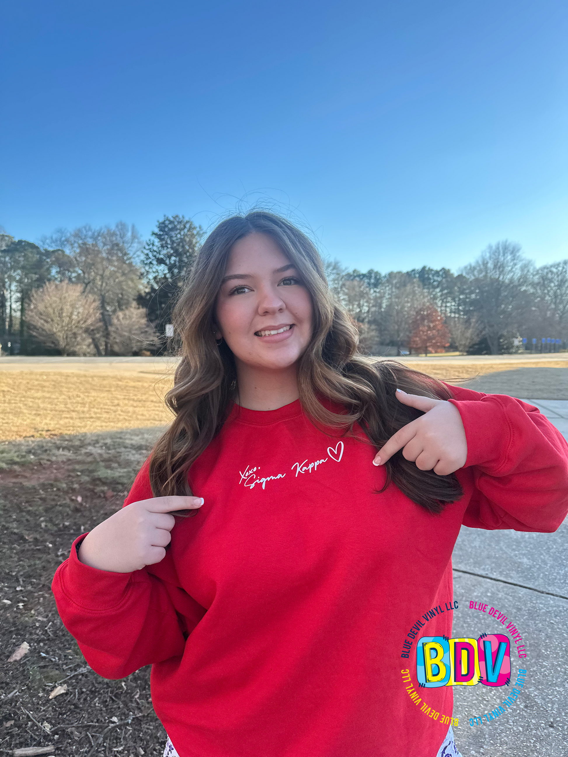 XOXO, Sigma Kappa in white HTV on Red Sweatshirt 